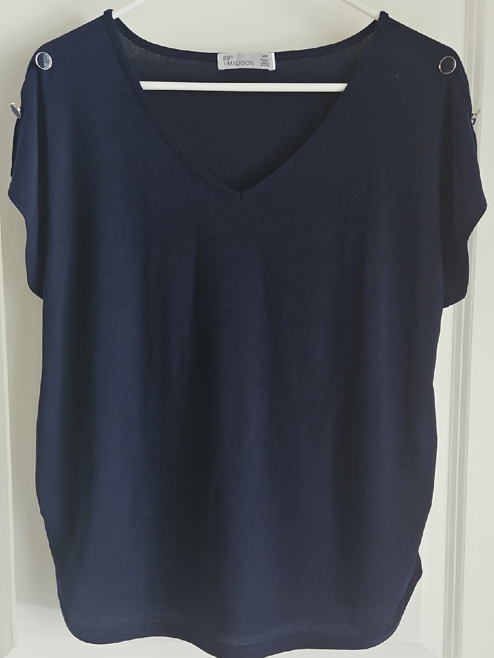 Madison Navy V-Neck Short Sleeve Top with Shoulder Grommets